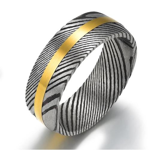 Damascus Steel Yellow Inlay Men's Wedding Band 8MM - Rings By Pristine
