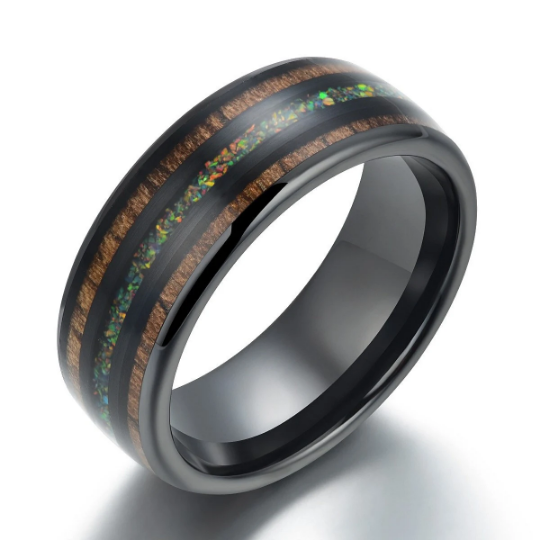 Yellow Opal Koa Wood Black Ceramic Men's Wedding Band 8MM - Rings By Pristine