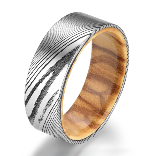 Damascus Olive Wood Men's Wedding Band 8MM - Rings By Pristine