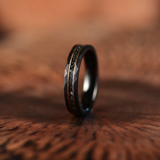 Black Hammered Tungsten Meteorite Women's Wedding Band 4MM - Rings By Pristine