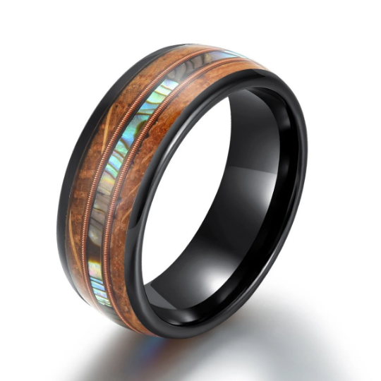 Tungsten Abalone Guitar String Whiskey Barrell Men's Wedding Band 8MM - Rings By Pristine