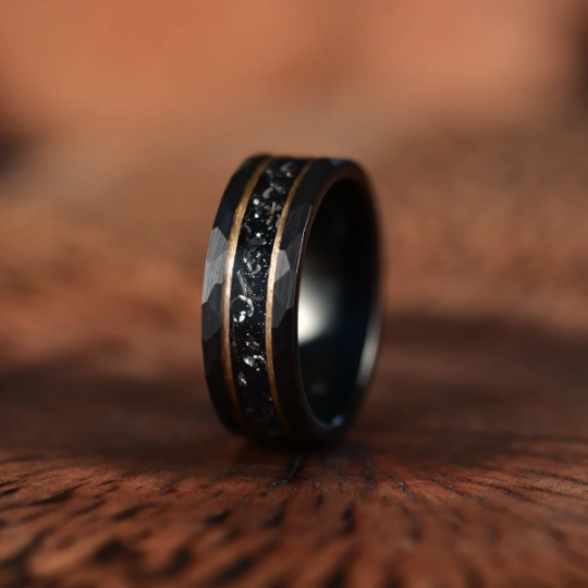 Black Hammered Tungsten Meteorite Men's Wedding Band 8MM - Rings By Pristine
