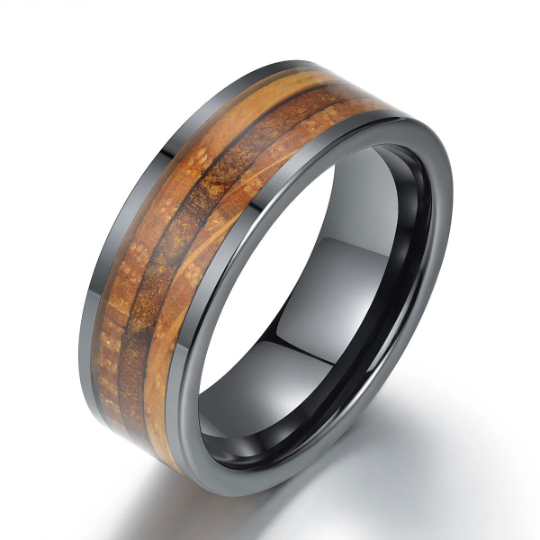 Black Ceramic Tobbaco Leaf Whiskey Barrel Wood Men's Wedding Band 8MM - Rings By Pristine