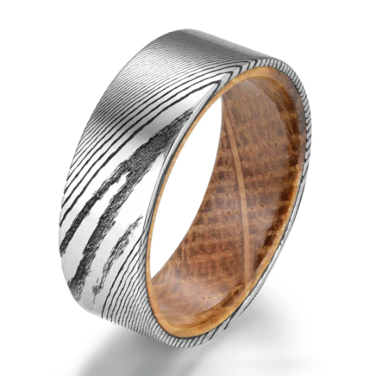 Damascus Whiskey Barrel Men's Wedding Band 8MM - Rings By Pristine