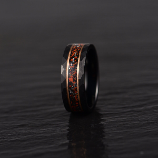 Black Hammered Tungsten Dinosaur Bone and Meteorite Men's Wedding Band 8MM - Rings By Pristine