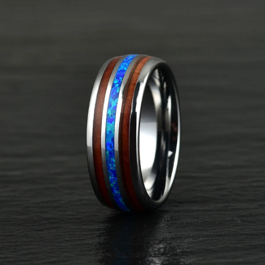 Grey Tungsten Koa Wood Blue Opal Men's Wedding Band 8MM - Rings By Pristine