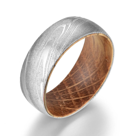 Mens Damascus Steel Whiskey Wood Wedding Band, Whiskey Barrel Oak Wood Ring, 8mm Men store Wedding Band, Damascus Steel Ring, Wedding Band for Men