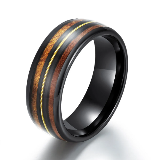 Black Ceramic Koa Wood Guitar String Men's Wedding Band 8MM - Rings By Pristine