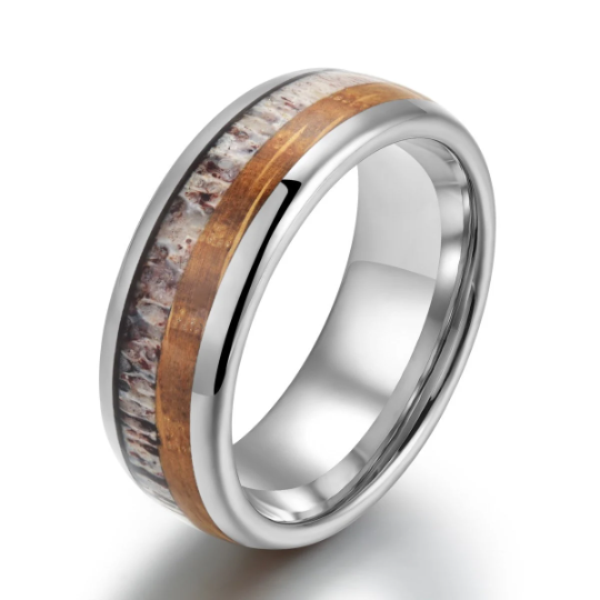 Tungsten Antler Whiskey Barrel Wood Men's Wedding Band 8MM - Rings By Pristine