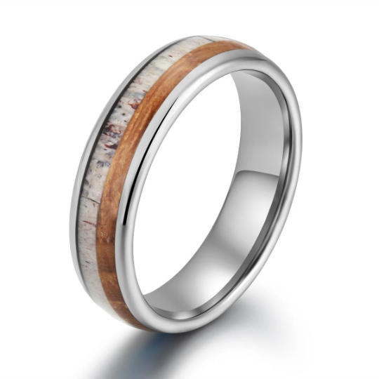Tungsten Antler Whiskey Barrel Wood Men's Wedding Band 6MM - Rings By Pristine