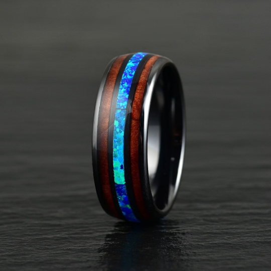 Black Ceramic Koa Wood Blue Opal Men's Wedding Band 8MM - Rings By Pristine