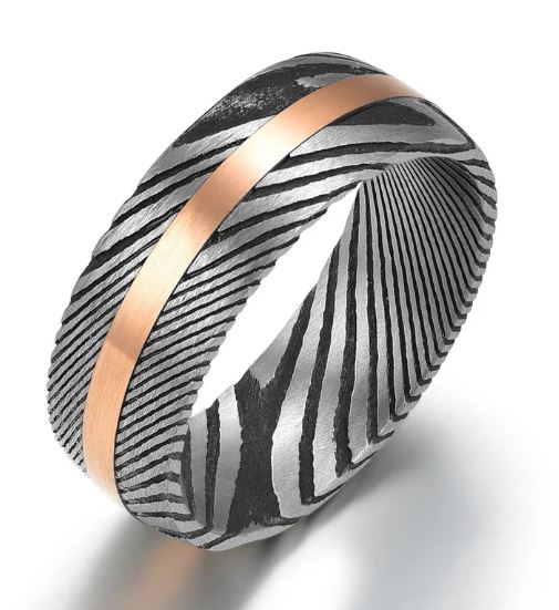 Damascus Steel Rose Inlay Men's Wedding Band 8MM - Rings By Pristine