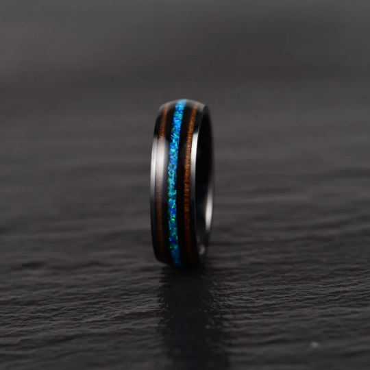 Black Tungsten Koa Wood Blue Opal Women's Wedding Band 4MM - Rings By Pristine