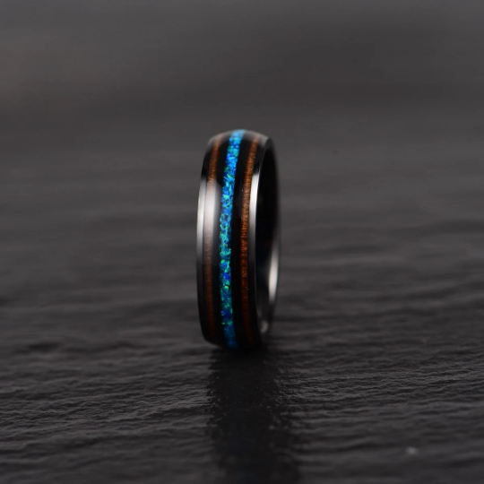 Black Tungsten Koa Wood Blue Opal Women's Wedding Band 4MM - Rings By Pristine 