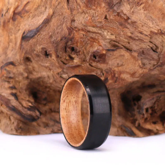 Koa Wood Black Titanium Wedding Band 8MM - Rings By Pristine