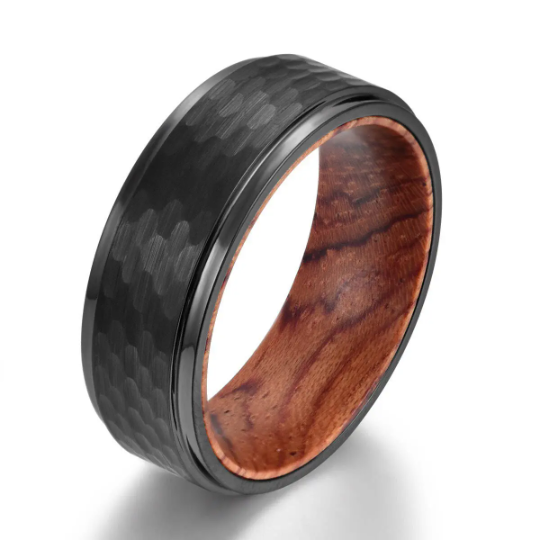 Rose Wood Hammered Black Tungsten Men's Wedding Band 8MM - Rings By Pristine