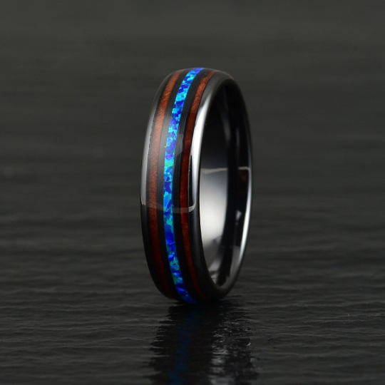 Black Ceramic Koa Wood Blue Opal Women's Wedding Band 4MM - Rings By Pristine
