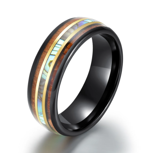 Tungsten Abalone Shell Koa Wood Men's Wedding Band 8MM - Rings By Pristine