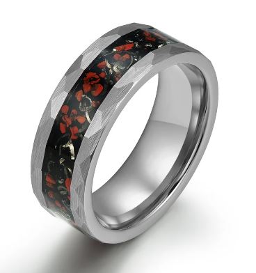 Grey Hammered Tungsten Dinosaur Bone and Meteorite Men's Wedding Band 8MM - Rings By Pristine