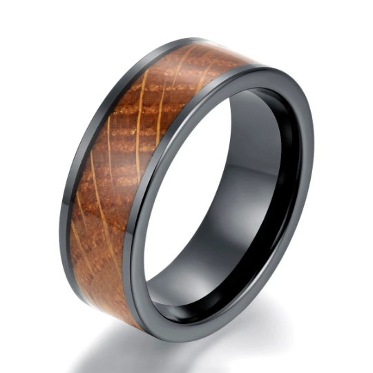 Black Ceramic Whiskey Barrel Wood Antique Finish Men's Wedding Band 8MM - Rings By Pristine