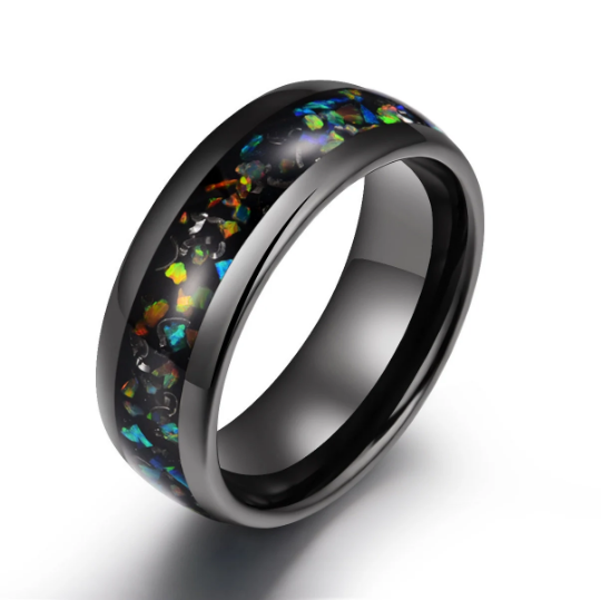 Black Tungsten Crushed Opal Rounded Men's Wedding Band 8MM - Rings By Pristine