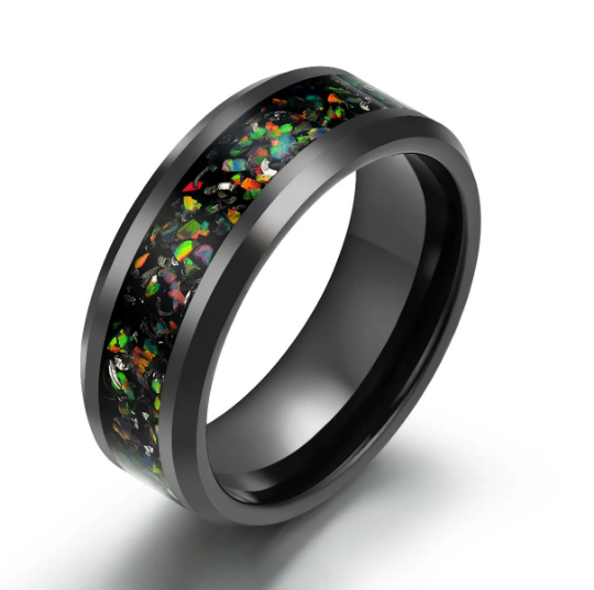 Black Tungsten Crushed Opal Men's Wedding Band 8MM - Rings By Pristine