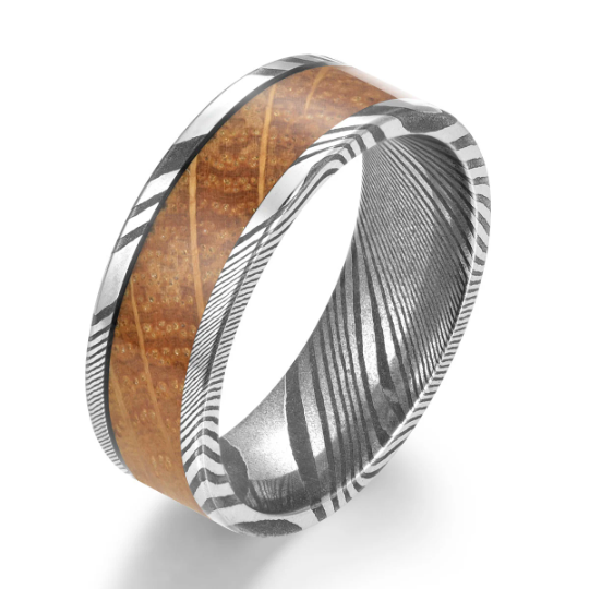 Damascus Whiskey Barrel Wood Men's Wedding Band 8MM - Rings By Pristine