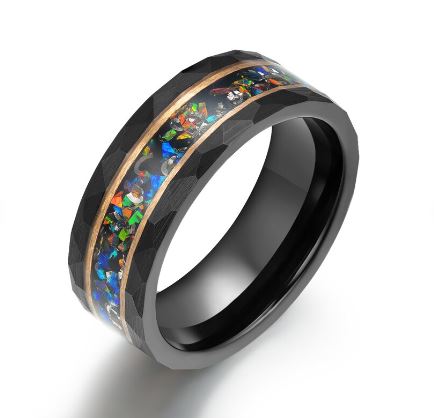 Black Hammered Tungsten Crushed Opal Men's Wedding Band 8MM - Rings By Pristine