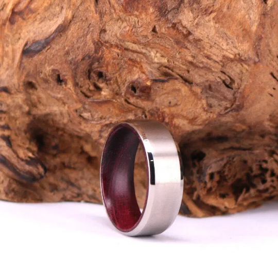 Purple Heart Wood Titanium Wedding Band 8MM - Rings By Pristine