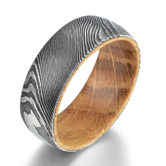 Damascus Bourbon Whiskey Barrel Men's Wedding Band 8MM - Rings By Pristine
