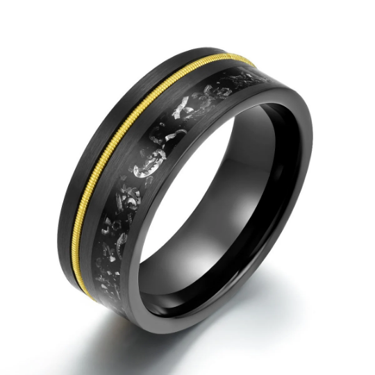 Crushed Meteorite Yellow Guitar String Men's Wedding Band 8MM - Rings By Pristine