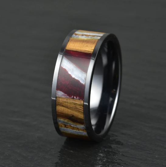 Black Ceramic Mammoth Fossil Men's Wedding Band 8MM - Rings By Pristine