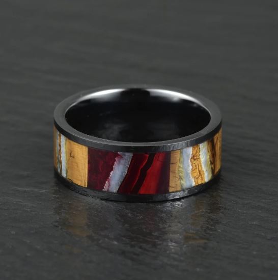 Black Ceramic Mammoth Fossil Men's Wedding Band 8MM - Rings By Pristine