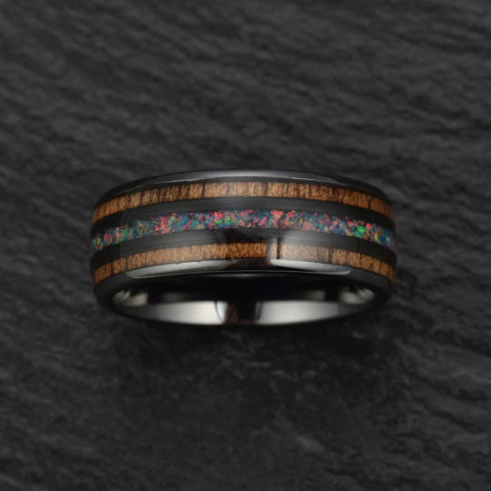 Opal Koa Wood Black Ceramic Men's Wedding Band 8MM - Rings By Pristine