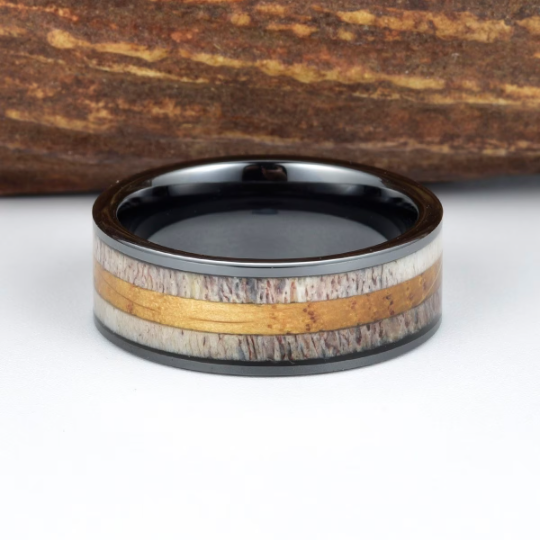 Black Ceramic White Oak Antler Inlay Men's Wedding Band - Rings By Pristine