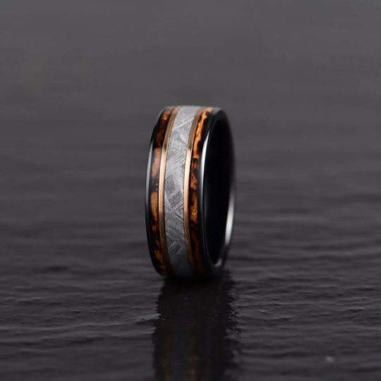 Black Tugsten Charred Whiskey Inlay Meteorite Men's Wedding Band - Rings By Pristine
