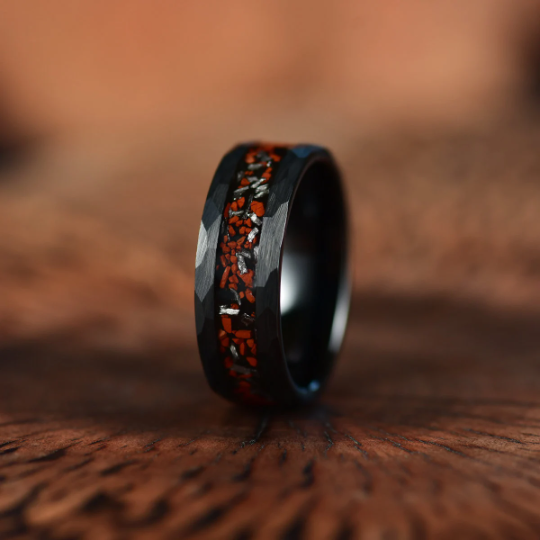 Black Hammered Tungsten Dinosaur Bone and Meteorite Men's Wedding Band 8MM - Rings By Pristine