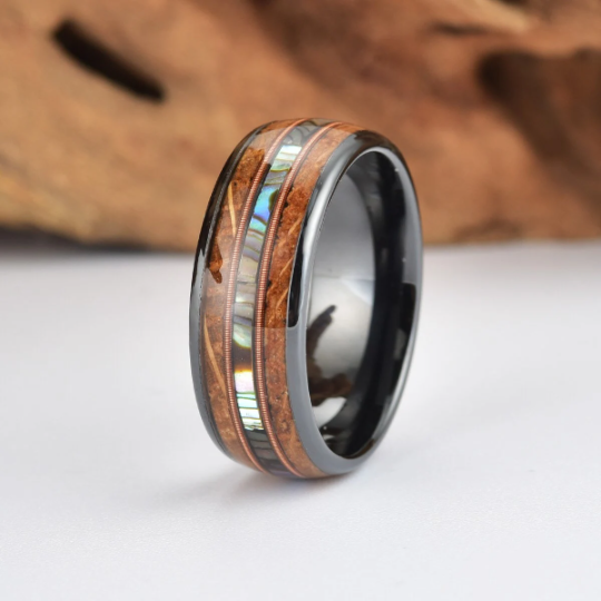 Tungsten Abalone Guitar String Whiskey Barrell Men's Wedding Band 8MM - Rings By Pristine