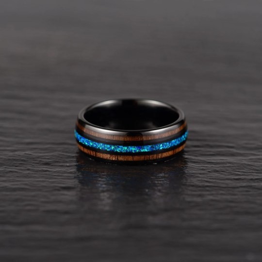 Black Tungsten Koa Wood Blue Opal Men's Wedding Band 8MM - Rings By Pristine