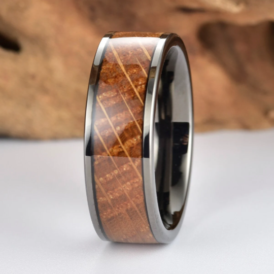 Black Ceramic Whiskey Barrel Wood Antique Finish Men's Wedding Band 8MM - Rings By Pristine