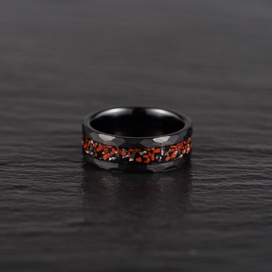 Black Hammered Tungsten Dinosaur Bone and Meteorite Men's Wedding Band 8MM - Rings By Pristine