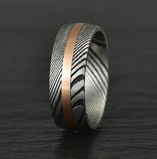 Damascus Steel Rose Inlay Men's Wedding Band 8MM - Rings By Pristine