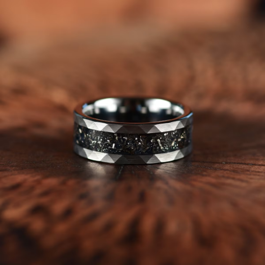 Grey Hammered Tungsten  Meteorite Men's Wedding Band 8MM - Rings By Pristine