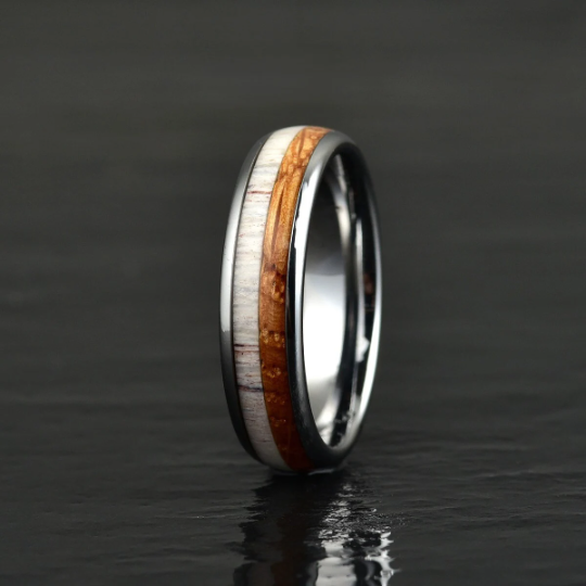 Tungsten Antler Whiskey Barrel Wood Men's Wedding Band 6MM - Rings By Pristine