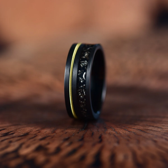Crushed Meteorite Yellow Guitar String Men's Wedding Band 8MM - Rings By Pristine