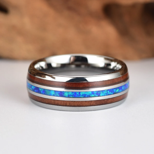 Grey Tungsten Koa Wood Blue Opal Men's Wedding Band 8MM - Rings By Pristine