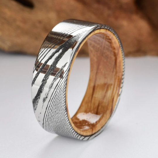 Damascus Whiskey Barrel Men's Wedding Band 8MM - Rings By Pristine
