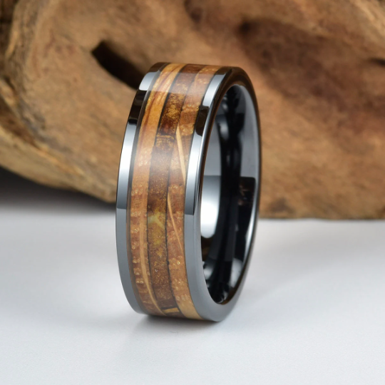 Black Ceramic Tobbaco Leaf Whiskey Barrel Wood Men's Wedding Band 8MM - Rings By Pristine