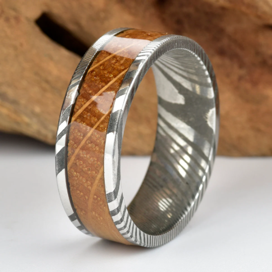 Damascus Whiskey Barrel Wood Men's Wedding Band 8MM - Rings By Pristine