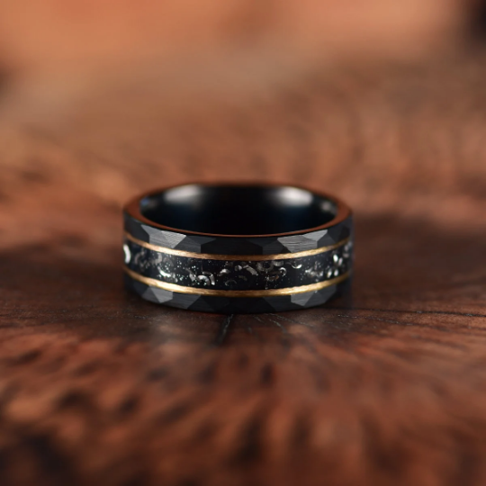 Black Hammered Tungsten Meteorite Men's Wedding Band 8MM - Rings By Pristine